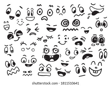 Emoticons doodle set. Hand drawn of outline style emoji icons collection isolated on white background, vector illustration.