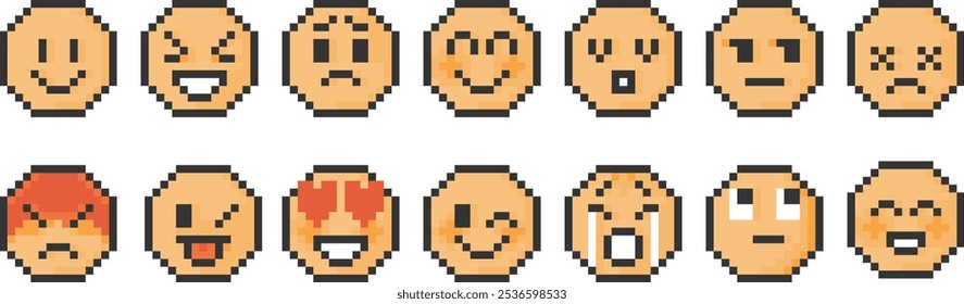 Emoticons Dot Pixel Vector Icon Set ( Expression Pop Retro Nostalgic Video Game )

