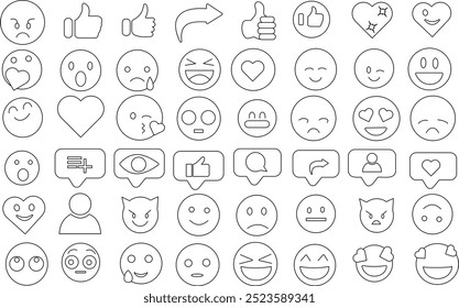 Emoticons Emoji Icon Set für Logo und T-Shirt. Bearbeitbarer Kunststrich mit dünner Linie.