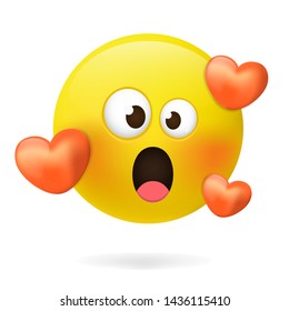 Emoticons. Emoji. Loving emoji - emoticon with red hearts. Feeling in love emoji with open mouth. Cartoon emoticons with love.