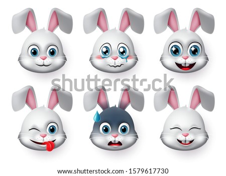 Emoticons and emoji rabbit face vector set. Rabbits bunny faces animal emojis in naughty, crying, excited, smiling and happy facial expressions isolated in white background. Vector illustration.
