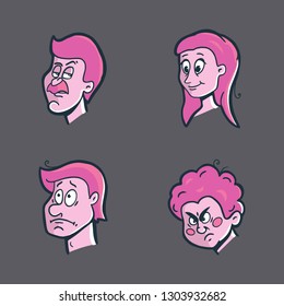 Emoticons, emoji set with facial expressions. Sticker set for messenger and chats with emotional character.
Vector illustrations of cartoon persons isolated on dark background