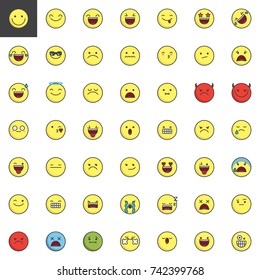 Emoticons, emoji, smiley filled outline icons set, line vector symbol collection, linear colorful pictogram pack isolated on white. Signs, logo illustration, web vector graphics