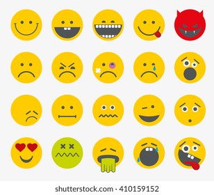 Emoticons, emoji, smiley flat vector icons. Scream and sadness, bored and funny smiley set