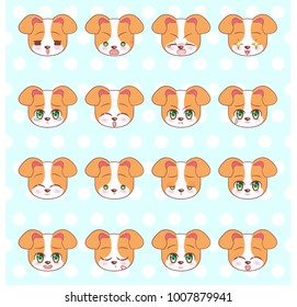 Emoticons, emoji, smiley set, colorful Sweet Kitty Little cute kawaii anime cartoon dog, puppy different emotions mascot sticker Happy, sad, angry, smile, kiss, love Children character vector. 
