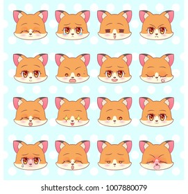 Emoticons, emoji, smiley set, colorful Sweet Kitty Little cute kawaii anime cartoon fox, puppy girl different emotions mascot sticker Happy, sad, angry, smile, kiss, love Children character  vector. 