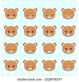 Emoticons, emoji, smiley set, colorful Sweet Kitty Little cute kawaii anime cartoon bear cub different emotions mascot sticker Happy, sad, angry, smile, kiss, love Children character colorful vector. 