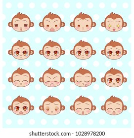 Emoticons, emoji, smiley set, colorful Sweet Little cute kawaii anime cartoon monkey different emotions mascot sticker Happy, sad, angry, smile, kiss, love Children character colorful vector. 