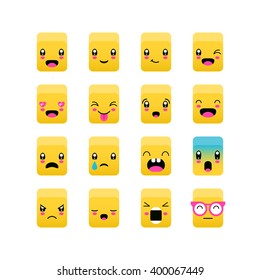 Emoticons, Emoji Square Icon Set. Kawaii Cute Emoticons. Isolated Vector Illustration