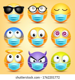 Emoticons, emoji vector collection. Cartoon yellow face with medical mask. Facial expressions and emotions.