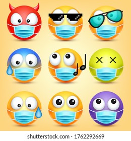 Emoticons, emoji vector collection. Cartoon yellow face with medical mask. Facial expressions and emotions.