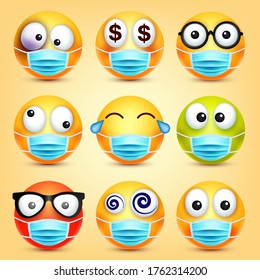 Emoticons, emoji vector collection. Cartoon yellow face with medical mask. Facial expressions and emotions.