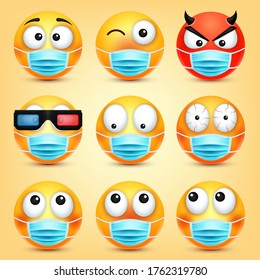 Emoticons, emoji vector collection. Cartoon yellow face with medical mask. Facial expressions and emotions.