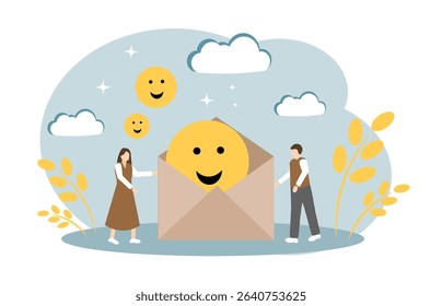 Emoticons in an envelope. The concept of pleasant communication, good mood, positive emotions and mental health