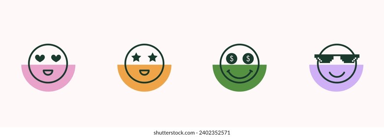 Emoticons expression icons. Love eyes, stars, dollars, glasses 8 bit. collection set. Vector illustration