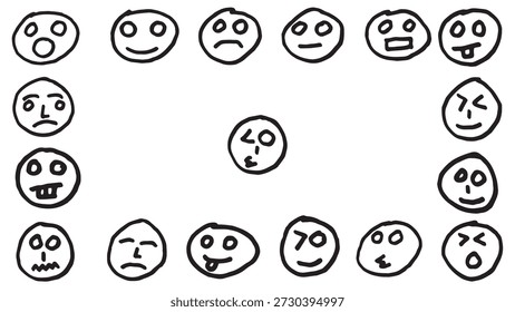 Conjunto de expresiones de emoticonos con caras de emoticonos con diferentes sentimientos e íconos de emociones. Colección gráfica en una Ilustración vectorial de estilo doodle. Símbolos y signos para diversas emociones y sentimientos.