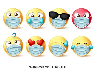 Emoticons face mask vector emojis set. Emojis and covid-19 emoticons with face mask and facial expressions isolated in white for covid-19 corona virus design elements. Vector illustration.
