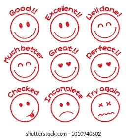 emoticons / face stamp icon set for educational use etc. (Good!,Excellent,Incomplete,Checked etc.) 