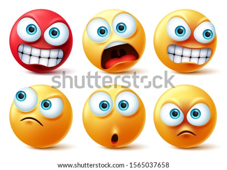 Emoticons face vector set. Emojis yellow icon and emoticon faces with angry red, surprise, cute, crazy and funny facial expressions design elements isolated in white background. Vector illustration. 