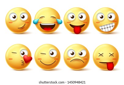 Emoticons face vector set. Yellow emoji and emoticons with happy, funny, kissing, laughing and tired facial expressions isolated in white background for design elements. Vector illustration.
