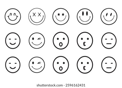 Emoticons faces icon in hand drawn style. Emoji faces collection. happy, smile, sad and angry emoji.