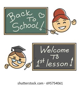Emoticons of female school teacher and university professor. Smileys with a pointers shows welcoming inscriptions on the green and black boards, Back to school, Welcome to lesson. Retro offset style.