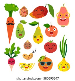 Emoticons Food Vector Set. Cute Funny Stickers. Emoji Fruits And Vegetables Flat Cartoon Style. Isolated On White Background