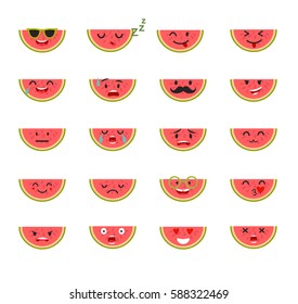 Emoticons food vector set. Emoji Watermelon with face. Cute emoji colorfull illustration. Watermelon, flat cartoon style