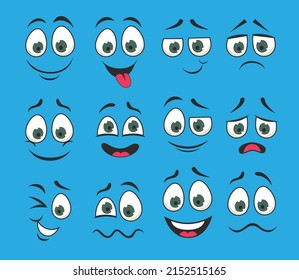 Emoticons with funny facial expressions vector illustrations set. Eyes and mouth of cute expressive cartoon character, comic angry, happy, sad face isolated on blue background. Emotions concept