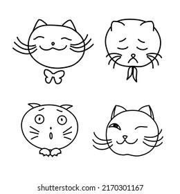 Emoticons, Funny, Sad, Cunning And Scared Cute Cats. Linear Hand Drawing In Cartoon Style. Black And White Vector Icons, Emojis And Stickers. EPS 10.