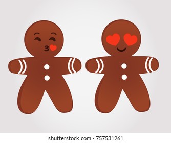 Emoticons gingerbread men in love and sending kisses. Christmas vector.