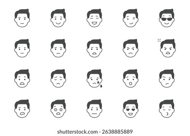 Emoticons glyph icon set. Vector pictograms include icon - mental health, worry, laugh, disappointed mood, confused, black sign silhouette illustration for man character expression.