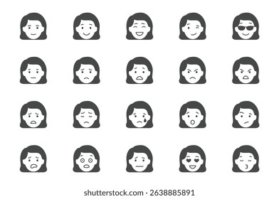 Emoticons glyph icon set. Vector pictograms include icon - mental health, worry, laugh, disappointed, confused, black sign silhouette illustration for woman character expression.