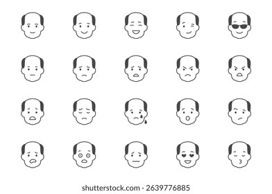 Emoticons glyph icon set. Vector pictograms include icon - mental health, worry, laugh, disappointed mood, confused, black sign silhouette illustration for old man character expression.