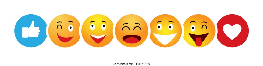 Emoticons for a good mood on social networks. Emotions for design templates badges stickers logo illustrations backgrounds posters banners. Funny cartoon style from colored icons. Vector symbol set.