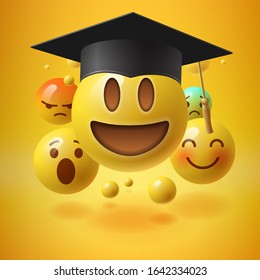 Emoticons in graduation hat. Educational resources, online learning courses, distance education, university degree, graduation hat, e-learning tutorials, vector illustration