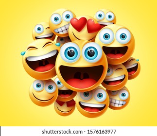 Emoticons Group Vector Design. Emoticon Cute Faces Group In Excited, Laughing, Funny, Happy And Naughty Feelings Or Mood For Sign And Symbol In Yellow Background. Vector Illustration.