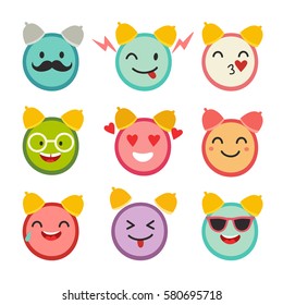 Emoticons happy alarm clock vector set. Cute funny stickers. Emoji  flat cartoon style. Isolated on white background