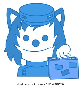 emoticons with a happy wolf hotel receptionist or doorman in standard uniform with a jacket and a cap holding a suitcase in his hand, simple hand-drawn emoticon, simplified facial expression
