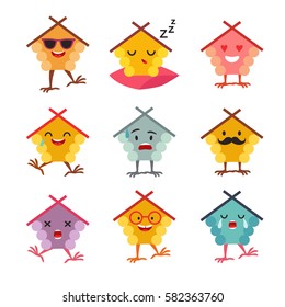 Emoticons house vector set. Cute funny stickers. Emoji flat cartoon style. Isolated hut on white background