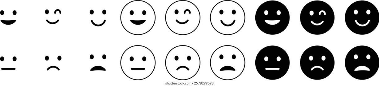 Emoticons icon set. emoji feedback icon set rating happy neutral sad emoji emotions icons. Different emoji symbol Vector Illustration
