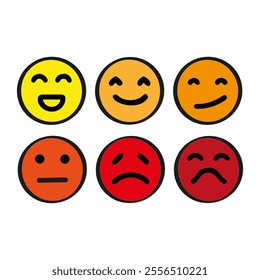 Emoticons icon set. Happy and sad emoji vector symbols. Emoticons with different moods minimalist simple images. Sign of sadness, sorrow, happiness, joy, smile. Bright round signs illustrations.