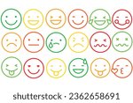 Emoticons icons set. Emoji faces collection. Emojis flat style. Happy happy, smile, neutral, sad and angry emoji. Line smiley face. Vector illustration