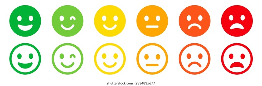 Iconos de emoticonos. La colección de caras de Emoji. Emojis de estilo plano. Feliz emoji feliz, sonriente, neutral, triste y enfadado. Cara sonriente de línea - vector de stock