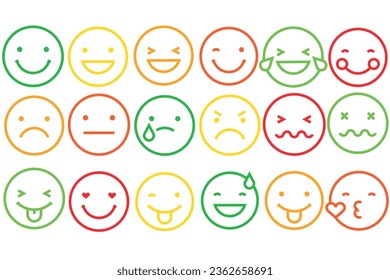 Emoticons icons set. Emoji faces collection. Emojis flat style. Happy happy, smile, neutral, sad and angry emoji. Line smiley face. Vector illustration