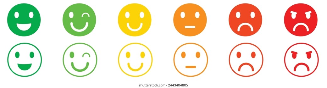 Conjunto de iconos de emoticonos. Colección Emoji faces. Emojis estilo plano. Feliz feliz, sonrisa, emoji neutral, triste y enojado. Cara sonriente de línea - vector de stock