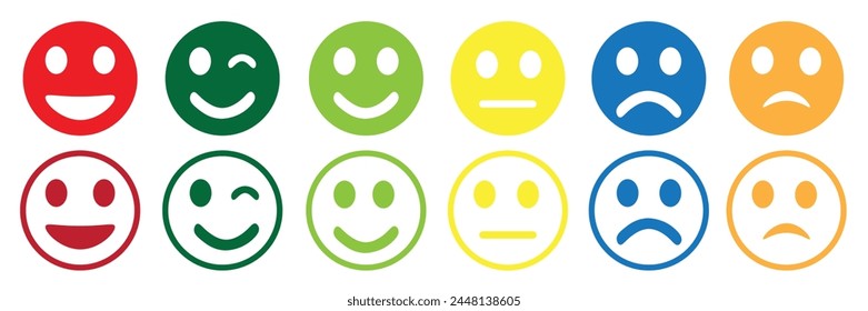 Emoticons icons set. Emoji faces collection. Emojis flat style. Happy happy, smile, neutral, sad and angry emoji. 