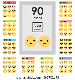 emoticons large collection /  emoji, faces with emotions, in fun cartoon style / vector icons set / yellow color