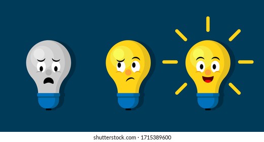 Emoticons light bulb with rays shine. Cute flat light bulb emoticon icon set. 
Cartoon style. Flat style. Symbol of creativity, innovation, inspiration, invention and idea. Vector illustration