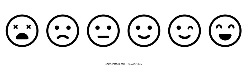 Conjunto de iconos de línea de emoticonos. Pictograma positivo, feliz, sonriente, triste, infeliz cara. Colección Emoji simple. Concepto de comentarios de clientes. Buenos y malos modos. Ilustración de vectores aislados.